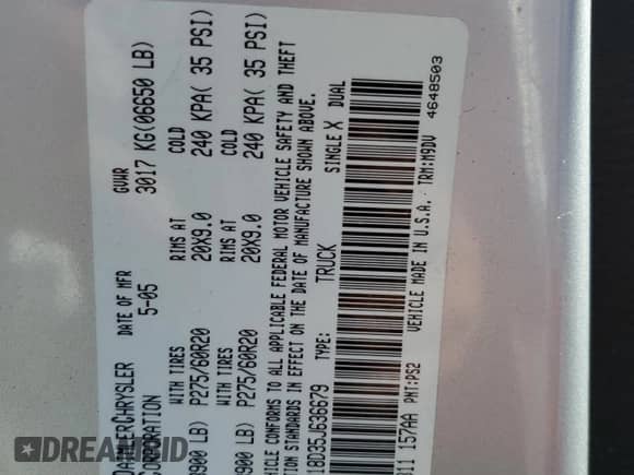 2005 Dodge 1500 SLT z VIN 1D7HU18D35J636679, wystawiony jako Copart lot #81048115 z przebiegiem 122 157 mil mil oraz Szkoda całkowita • Salvage title. Historia ofert i sprzedaży dostępna na DreamBid. Obrazek 12.