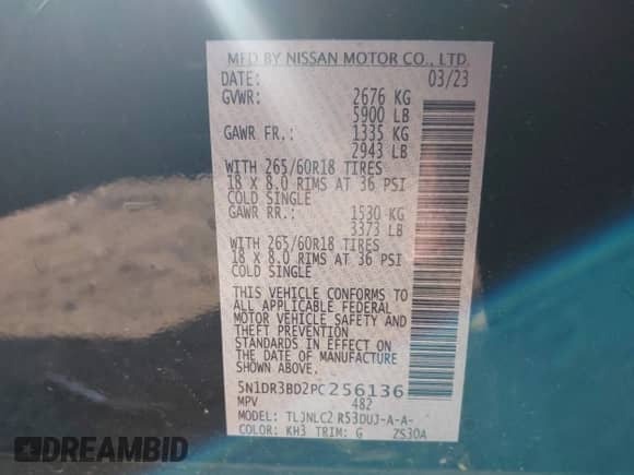 2023 Nissan Pathfinder Rock Creek with VIN 5N1DR3BD2PC256136, listed as a IAAI auction lot 41909614 with 39,429 mi miles and . Bid and sale history available at DreamBid. Image 9.