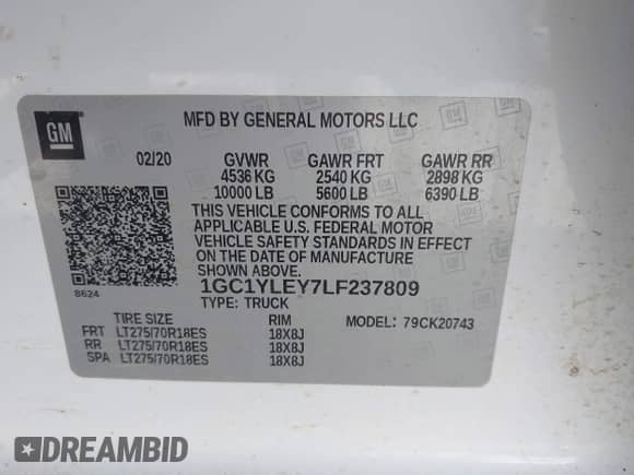 2020 Chevrolet Silverado 2500HD Work Truck z VIN 1GC1YLEY7LF237809, wystawiony jako IAAI lot #42468327 z przebiegiem 117 826 mil mil oraz . Historia ofert i sprzedaży dostępna na DreamBid. Obrazek 9.