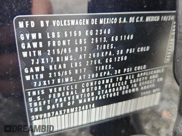 2024 Volkswagen Tiguan S с VIN 3VVRB7AX7RM224514, выставлен на аукционе Copart как лот 63424885 с пробегом 10 858 миль миль и Чистый • Clean title. История ставок и продаж доступна на DreamBid. Изображение 13.