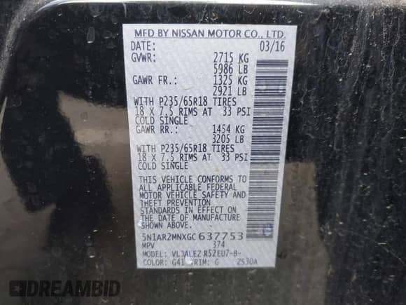 2016 Nissan Pathfinder S с VIN 5N1AR2MNXGC637753, выставлен на аукционе IAAI как лот 41526049 с пробегом 119 409 миль миль и . История ставок и продаж доступна на DreamBid. Изображение 9.