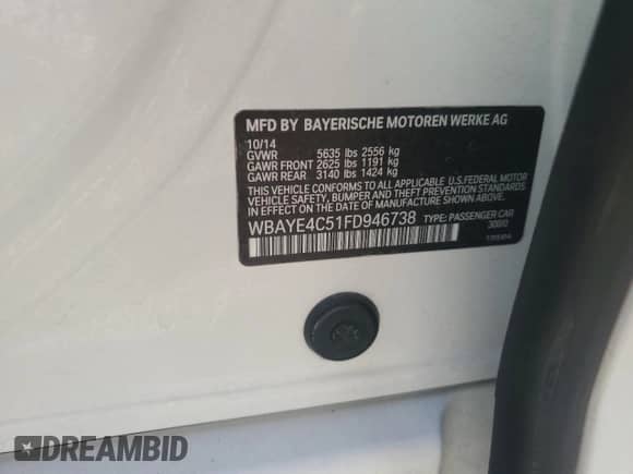 2015 BMW 7 Series 740Li with VIN WBAYE4C51FD946738, listed as a Copart auction lot 66308395 with Not provided miles and Salvage title. Bid and sale history available at DreamBid. Image 12.