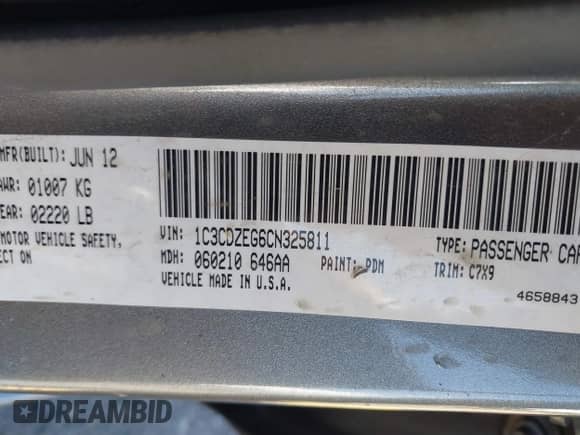 2012 Dodge Avenger SXT Plus with VIN 1C3CDZEG6CN325811, listed as a IAAI auction lot 43247091 with 200,293 mi miles and . Bid and sale history available at DreamBid. Image 9.