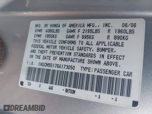 2006 Honda Accord VP с VIN 1HGCM56176A173050, выставлен на аукционе IAAI как лот 42913416 с пробегом Не указан миль и . История ставок и продаж доступна на DreamBid. Изображение 9.