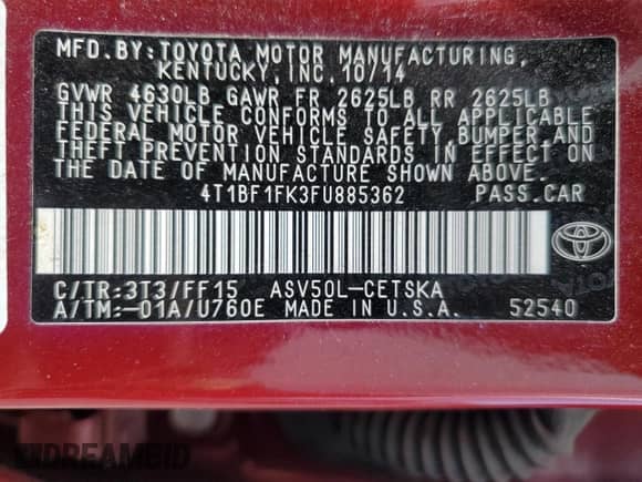 2015 Toyota Camry SE with VIN 4T1BF1FK3FU885362, listed as a Copart auction lot 63767645 with 107,364 mi miles and Salvage title. Bid and sale history available at DreamBid. Image 13.