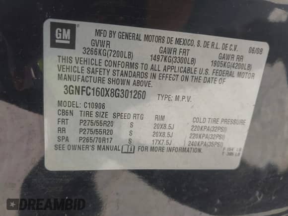 2008 Chevrolet Suburban 3LT with VIN 3GNFC160X8G301260, listed as a IAAI auction lot 41746454 with 255,197 mi miles and . Bid and sale history available at DreamBid. Image 9.