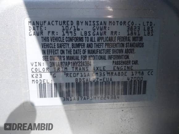 2017 Nissan Sentra SR with VIN 3N1AB7AP1HY224384, listed as a IAAI auction lot 43244197 with 87,090 mi miles and . Bid and sale history available at DreamBid. Image 9.