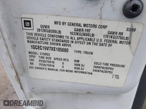 1999 Chevrolet Silverado 1500 LS with VIN 1GCEC19V7XE185680, listed as a IAAI auction lot 42020619 with 246,660 mi miles and . Bid and sale history available at DreamBid. Image 9.