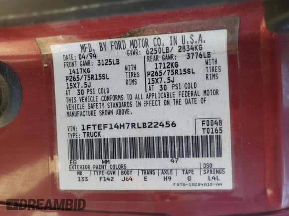 1994 Ford F-150 z VIN 1FTEF14H7RLB22456, wystawiony jako Copart lot #45973735 z przebiegiem 111 666 mil mil oraz Nie do naprawy • Non repairable. Historia ofert i sprzedaży dostępna na DreamBid. Obrazek 13.