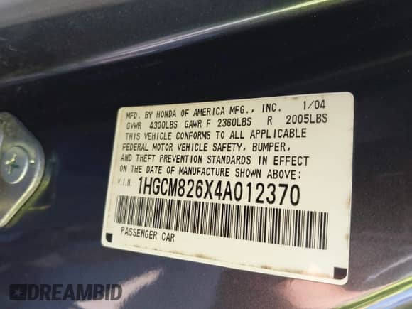 2004 Honda Accord EX with VIN 1HGCM826X4A012370, listed as a IAAI auction lot 42725241 with 157,448 mi miles and . Bid and sale history available at DreamBid. Image 9.
