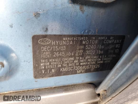 2004 Hyundai Santa Fe GLS с VIN KM8SC73D64U677426, выставлен на аукционе Copart как лот 75609674 с пробегом 208 072 миль миль и Чистый • Clean title. История ставок и продаж доступна на DreamBid. Изображение 13.