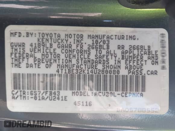 2004 Toyota Camry LE с VIN 4T1BE32K14U280080, выставлен на аукционе IAAI как лот 43311083 с пробегом 133 408 миль миль и . История ставок и продаж доступна на DreamBid. Изображение 9.