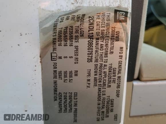 2008 Chevrolet Equinox LS с VIN 2CNDL13F086076735, выставлен на аукционе Copart как лот 60950564 с пробегом 154 629 миль миль и Чистый • Clean title. История ставок и продаж доступна на DreamBid. Изображение 13.