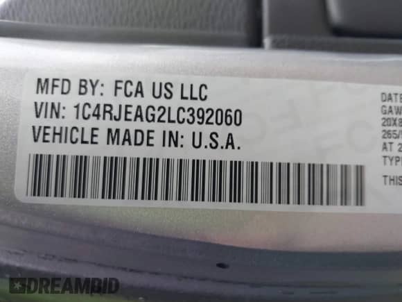 2020 Jeep Grand Cherokee Altitude with VIN 1C4RJEAG2LC392060, listed as a IAAI auction lot 40765662 with 30,505 mi miles and . Bid and sale history available at DreamBid. Image 9.