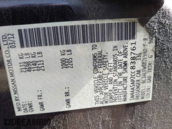 2012 Nissan Maxima S с VIN 1N4AA5AP2CC838761, выставлен на аукционе IAAI как лот 42705392 с пробегом 108 427 миль миль и . История ставок и продаж доступна на DreamBid. Изображение 9.