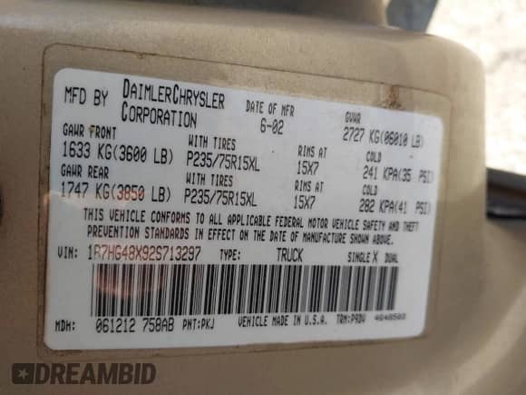 2002 Dodge Dakota with VIN 1B7HG48X92S713297, listed as a IAAI auction lot 40709139 with 271,904 mi miles and . Bid and sale history available at DreamBid. Image 9.