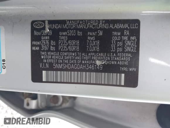 2010 Hyundai Santa Fe SE with VIN 5NMSHDAG0AH346149, listed as a IAAI auction lot 43249716 with 167,079 mi miles and . Bid and sale history available at DreamBid. Image 9.