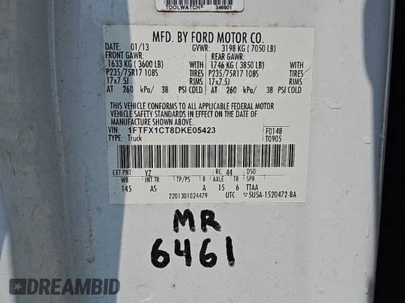 2013 Ford F-150 XL с VIN 1FTFX1CT8DKE05423, выставлен на аукционе Copart как лот 68101315 с пробегом 205 564 миль миль и Чистый • Clean title. История ставок и продаж доступна на DreamBid. Изображение 12.