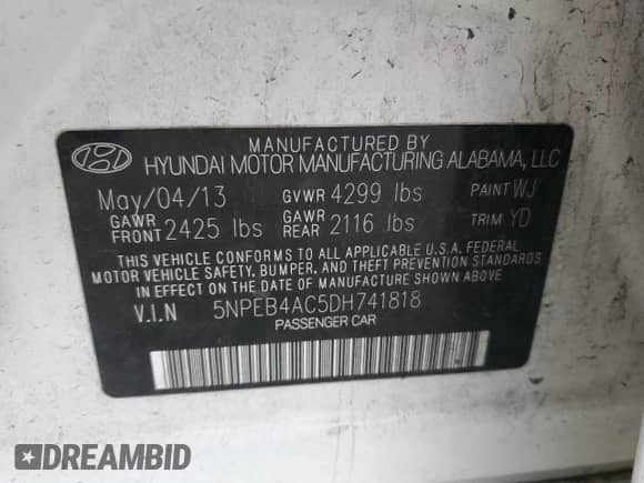 2013 Hyundai Sonata GLS z VIN 5NPEB4AC5DH741818, wystawiony jako Copart lot #70936305 z przebiegiem 116 581 mil mil oraz Szkoda całkowita • Salvage title. Historia ofert i sprzedaży dostępna na DreamBid. Obrazek 13.