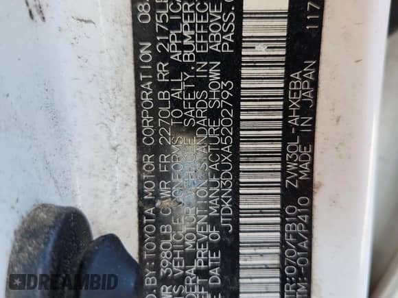 2010 Toyota Prius II with VIN JTDKN3DUXA5202793, listed as a Copart auction lot 87403715 with 252,510 mi miles and Clean title. Bid and sale history available at DreamBid. Image 13.