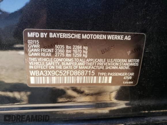 2015 BMW 3 Series 335i Gran Turismo xDrive with VIN WBA3X9C52FD868715, listed as a Copart auction lot 68134685 with 96,378 mi miles and Salvage title. Bid and sale history available at DreamBid. Image 12.