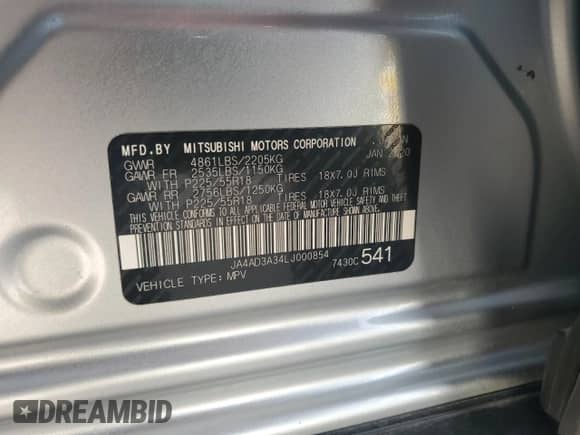 2020 Mitsubishi Outlander SE with VIN JA4AD3A34LJ000854, listed as a Copart auction lot 80376935 with 123,035 mi miles and Clean title. Bid and sale history available at DreamBid. Image 13.