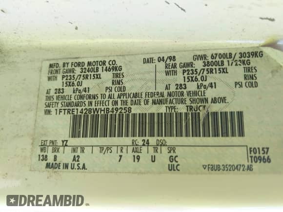 1998 Ford Econoline Cargo с VIN 1FTRE1428WHB49258, выставлен на аукционе IAAI как лот 43514004 с пробегом 229 779 миль миль и . История ставок и продаж доступна на DreamBid. Изображение 9.