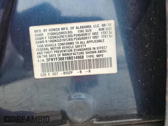 2009 Honda Pilot Touring with VIN 5FNYF38819B014968, listed as a Copart auction lot 83872935 with 236,867 mi miles and Salvage title. Bid and sale history available at DreamBid. Image 13.
