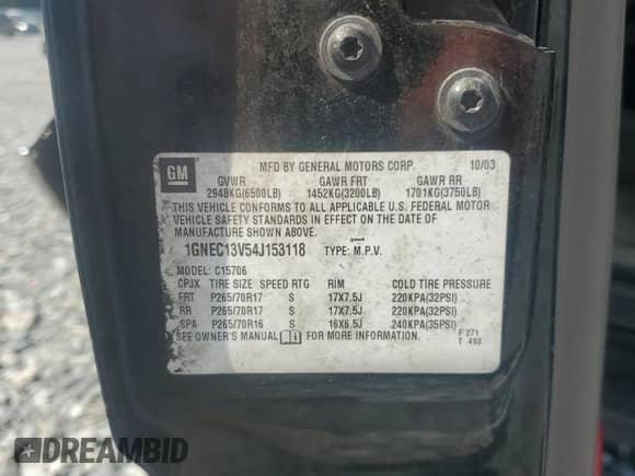 2004 Chevrolet Tahoe LS with VIN 1GNEC13V54J153118, listed as a Copart auction lot 80511485 with Not provided miles and Salvage title. Bid and sale history available at DreamBid. Image 13.