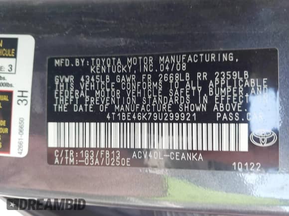 2009 Toyota Camry with VIN 4T1BE46K79U299921, listed as a IAAI auction lot 43466031 with 3,145,083 mi miles and . Bid and sale history available at DreamBid. Image 9.