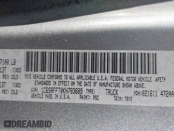 2019 Ram 1500 Big Horn z VIN 1C6SRFFT0KN783689, wystawiony jako IAAI lot #43294374 z przebiegiem 88 937 mil mil oraz . Historia ofert i sprzedaży dostępna na DreamBid. Obrazek 9.