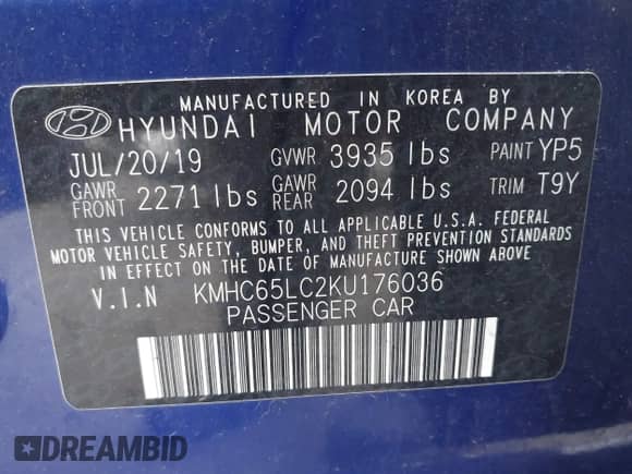 2019 Hyundai Ioniq Blue with VIN KMHC65LC2KU176036, listed as a IAAI auction lot 42942419 with 111,774 mi miles and . Bid and sale history available at DreamBid. Image 9.