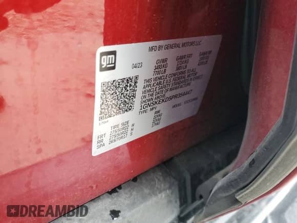 2023 Chevrolet Suburban RST с VIN 1GNSKEKD5PR354447, выставлен на аукционе Copart как лот 45123445 с пробегом 19 521 миль миль и Списание • Salvage title. История ставок и продаж доступна на DreamBid. Изображение 16.