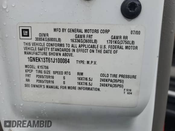 2001 Chevrolet Tahoe LT with VIN 1GNEK13T61J100084, listed as a Copart auction lot 83929515 with 186,610 mi miles and Salvage title. Bid and sale history available at DreamBid. Image 13.