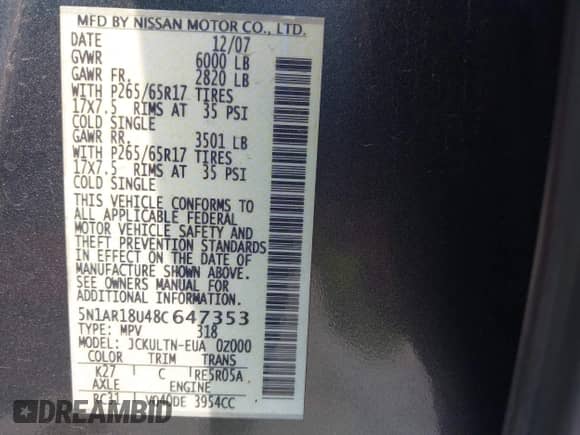 2008 Nissan Pathfinder SE с VIN 5N1AR18U48C647353, выставлен на аукционе IAAI как лот 43234210 с пробегом 148 185 миль миль и . История ставок и продаж доступна на DreamBid. Изображение 9.