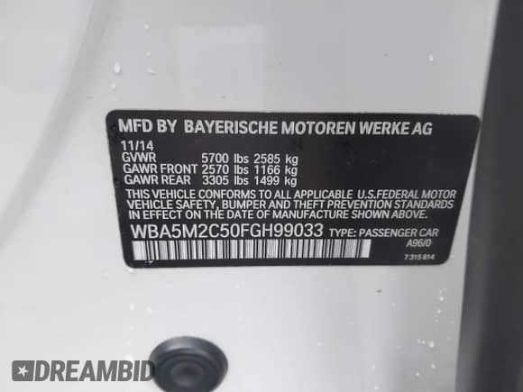 2015 BMW 5 Series 535i Gran Turismo с VIN WBA5M2C50FGH99033, выставлен на аукционе IAAI как лот 41165837 с пробегом 127 578 миль миль и . История ставок и продаж доступна на DreamBid. Изображение 9.