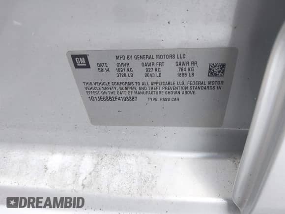 2015 Chevrolet Sonic LTZ with VIN 1G1JE6SB2F4103387, listed as a IAAI auction lot 43400010 with 74,902 mi miles and . Bid and sale history available at DreamBid. Image 9.