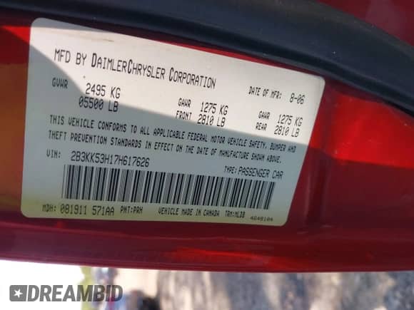 2007 Dodge Charger R/T with VIN 2B3KK53H17H617626, listed as a IAAI auction lot 42797239 with 233,174 mi miles and . Bid and sale history available at DreamBid. Image 9.