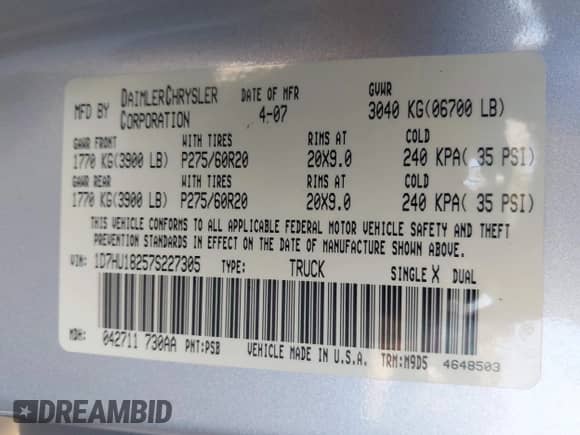 2007 Dodge 1500 SLT with VIN 1D7HU18257S227305, listed as a IAAI auction lot 43344423 with 200,951 mi miles and . Bid and sale history available at DreamBid. Image 9.