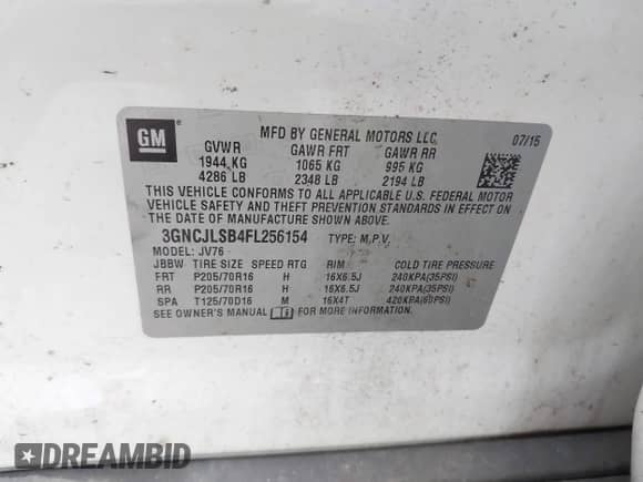 2015 Chevrolet Trax LT with VIN 3GNCJLSB4FL256154, listed as a IAAI auction lot 43273524 with 72,460 mi miles and . Bid and sale history available at DreamBid. Image 9.