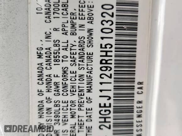 1994 Honda Civic with VIN 2HGEJ1129RH510320, listed as a Copart auction lot 59227875 with 170,865 mi miles and Clean title. Bid and sale history available at DreamBid. Image 12.