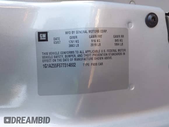 2007 Chevrolet Cobalt LTZ z VIN 1G1AZ55F677314802, wystawiony jako IAAI lot #43409663 z przebiegiem 153 999 mil mil oraz . Historia ofert i sprzedaży dostępna na DreamBid. Obrazek 9.