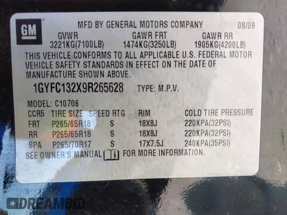 2009 Cadillac Escalade with VIN 1GYFC132X9R265628, listed as a IAAI auction lot 41230193 with 162,141 mi miles and . Bid and sale history available at DreamBid. Image 9.