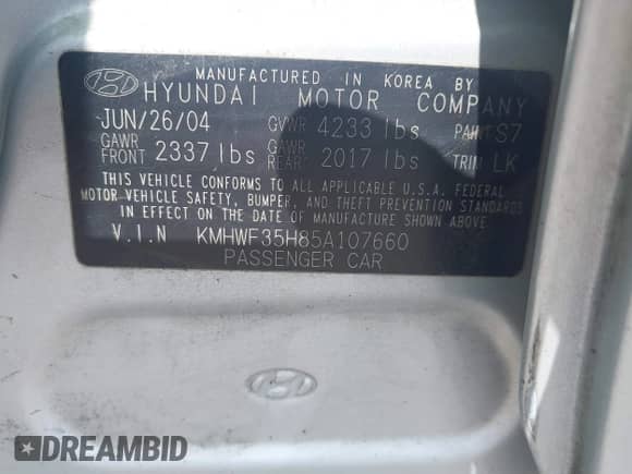 2005 Hyundai Sonata GLS z VIN KMHWF35H85A107660, wystawiony jako IAAI lot #42541338 z przebiegiem 195 167 mil mil oraz . Historia ofert i sprzedaży dostępna na DreamBid. Obrazek 9.