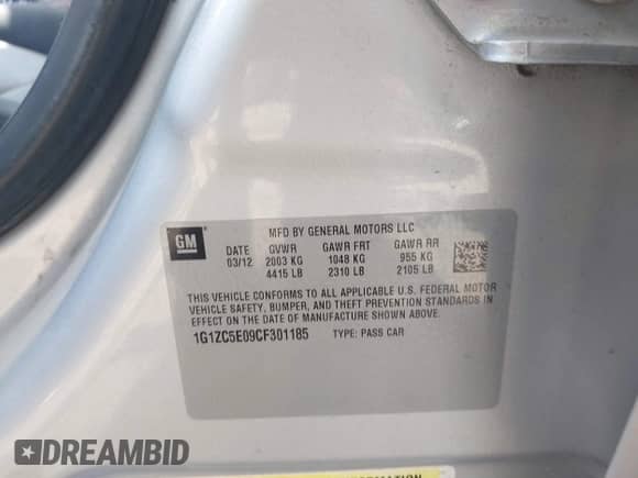 2012 Chevrolet Malibu 1LT z VIN 1G1ZC5E09CF301185, wystawiony jako IAAI lot #43294515 z przebiegiem 136 962 mil mil oraz . Historia ofert i sprzedaży dostępna na DreamBid. Obrazek 9.