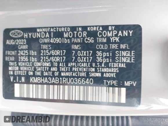 2024 Hyundai Kona SE с VIN KM8HA3AB1RU036640, выставлен на аукционе IAAI как лот 42959450 с пробегом 41 336 миль миль и . История ставок и продаж доступна на DreamBid. Изображение 9.