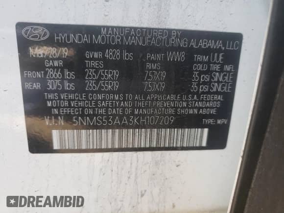 2019 Hyundai Santa Fe Limited with VIN 5NMS53AA3KH107209, listed as a Copart auction lot 70795322 with 28,978 mi miles and . Bid and sale history available at DreamBid. Image 13.