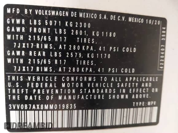 2021 Volkswagen Tiguan S with VIN 3VV0B7AX8MM019835, listed as a IAAI auction lot 41632843 with 35,357 mi miles and . Bid and sale history available at DreamBid. Image 9.