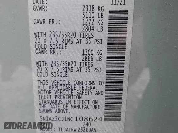 2022 Nissan Murano SL с VIN 5N1AZ2CJ1NC108624, выставлен на аукционе Copart как лот 49887465 с пробегом 29 733 миль миль и Списание • Salvage title. История ставок и продаж доступна на DreamBid. Изображение 14.