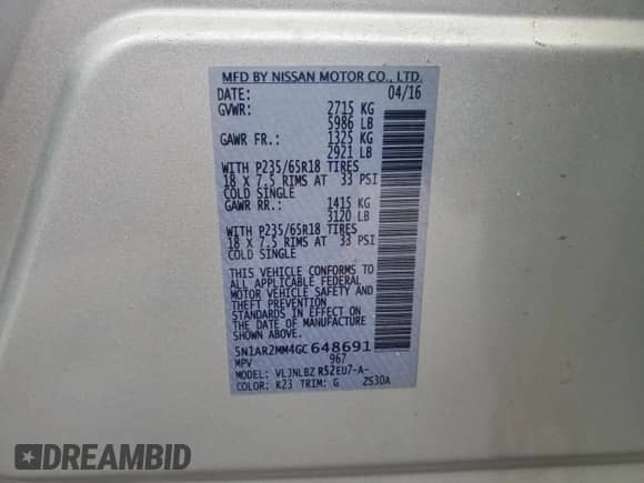 2016 Nissan Pathfinder SV z VIN 5N1AR2MM4GC648691, wystawiony jako Copart lot #87178515 z przebiegiem 91 118 mil mil oraz Czysty tytuł • Clean title. Historia ofert i sprzedaży dostępna na DreamBid. Obrazek 10.